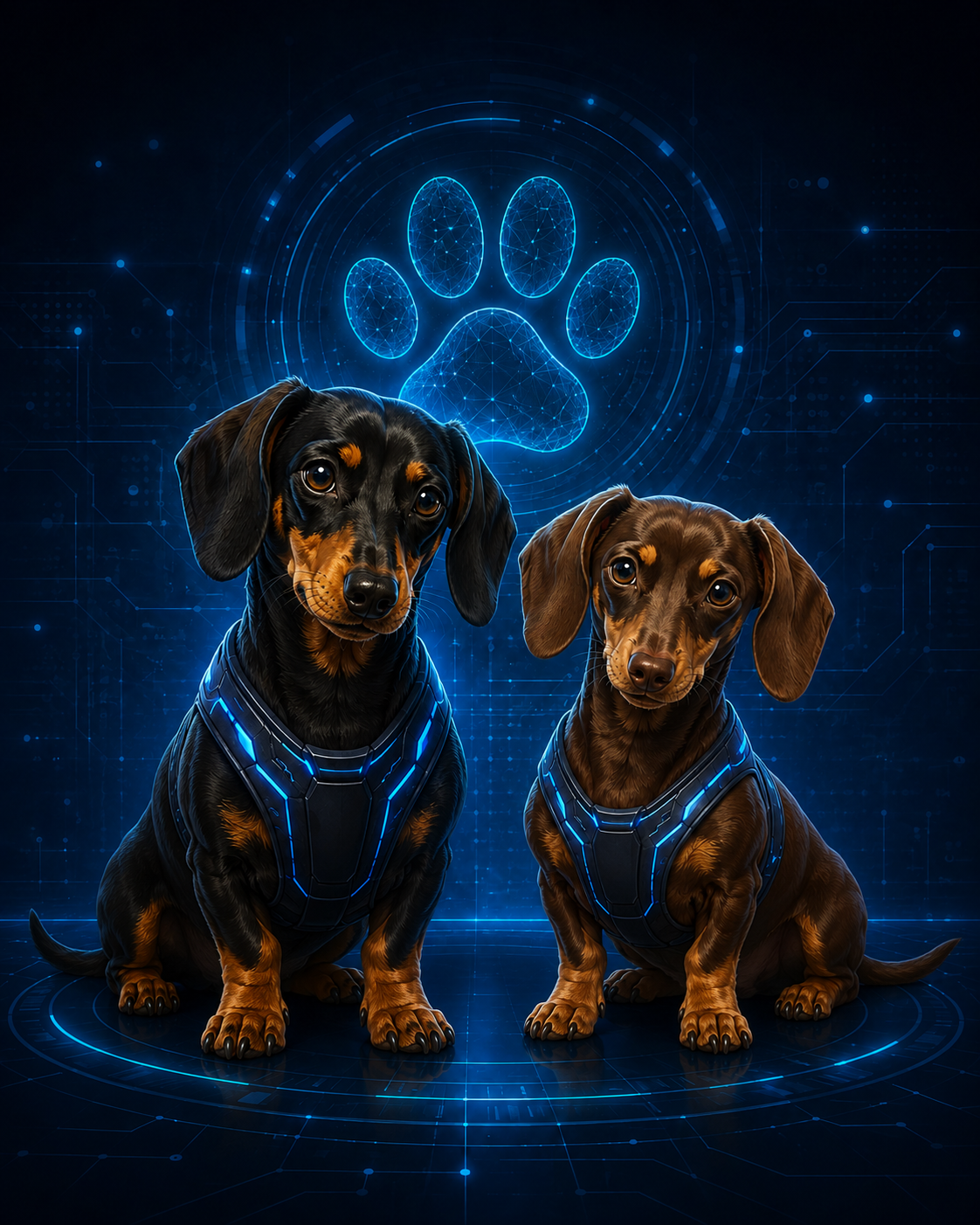 A chocolate-and-tan dachshund and a black-and-tan dachshund dressed as PAWTOCOL cyber-security agents